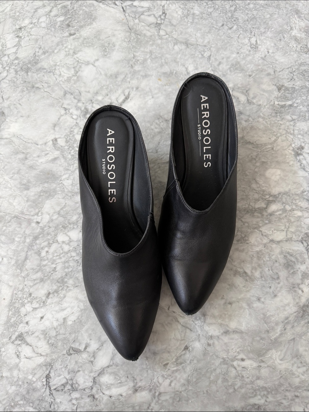 AEROSOLES Black Pointed Leather Slip-On Mules